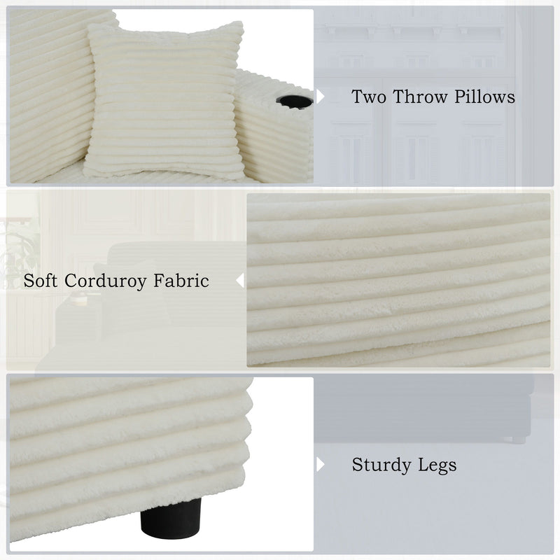 Oversized Loveseat Chaise With 2 USB Ports, 2 Cup Holders And 2 Throw Pillows