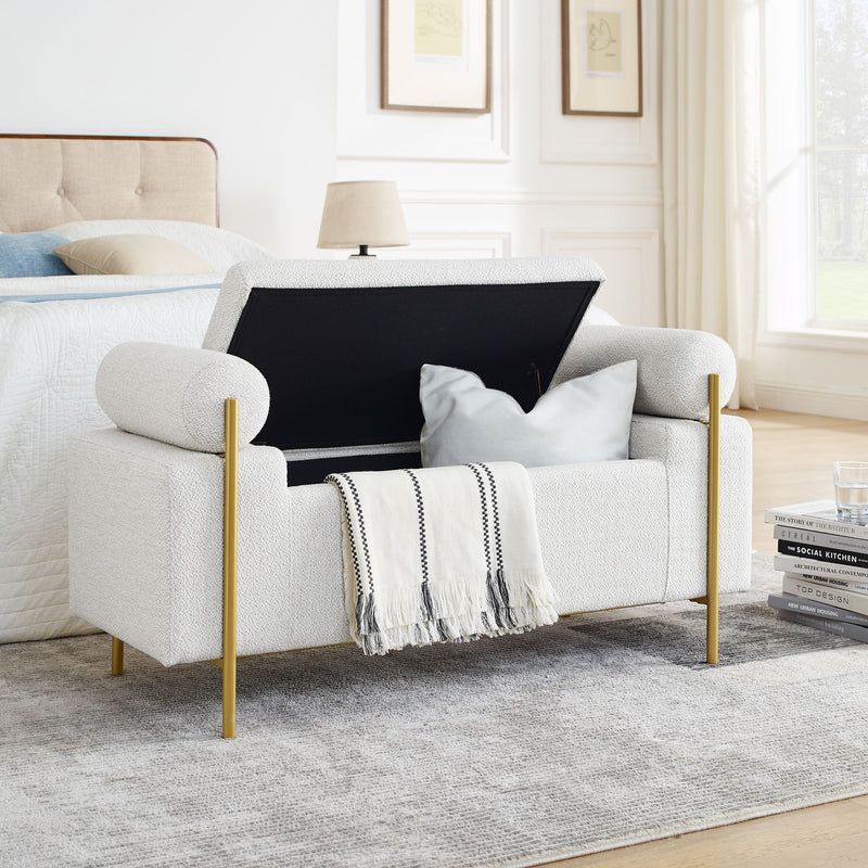 Elegant Upholstered Linen Storage Bench With Cylindrical Arms And Iron Legs, White