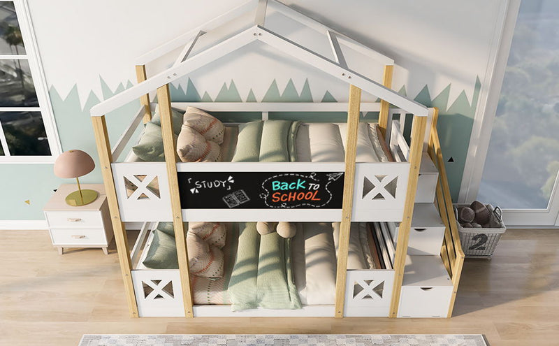 Twin Over Twin House Bunk Bed With White Storage Staircase And Blackboards - White