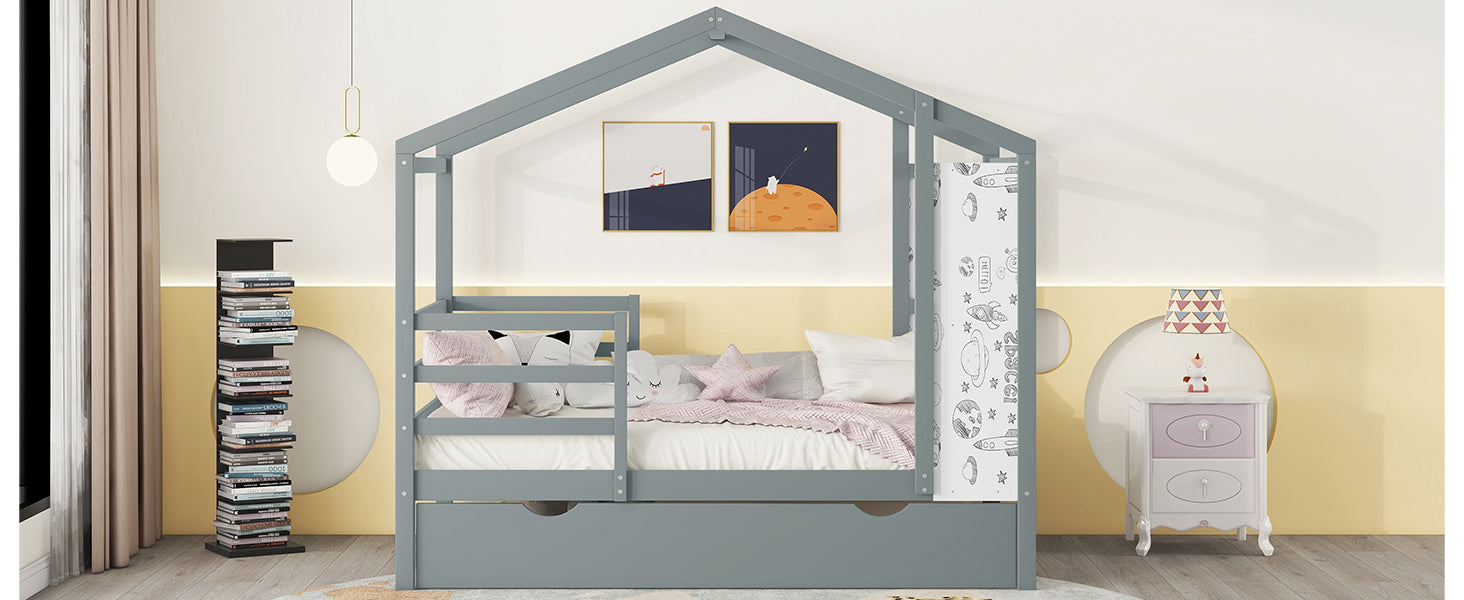 Twin Size Wood House Bed with Fence and Writing Board, Gray - Atlantic Fine Furniture Melbourne FL