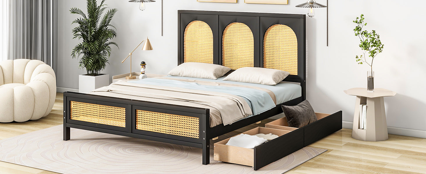 Full Size Wood Storage Platform Bed with 2 Drawers, Rattan Headboard and Footboard, Black - Atlantic Fine Furniture Melbourne FL