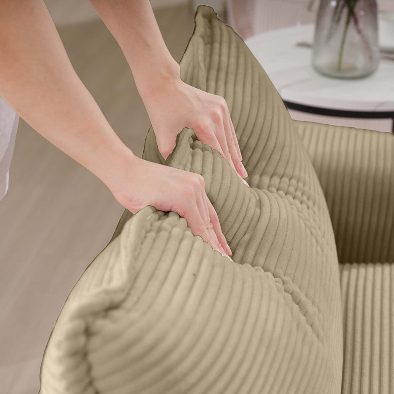 Modern Upholstered 4 Seater Corduroy Fabric Sofa With Arm And Throw Pillows