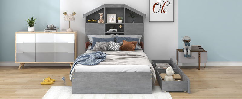 Twin Size Wood Platform Bed with House-shaped Storage Headboard and 2 Drawers, Gray