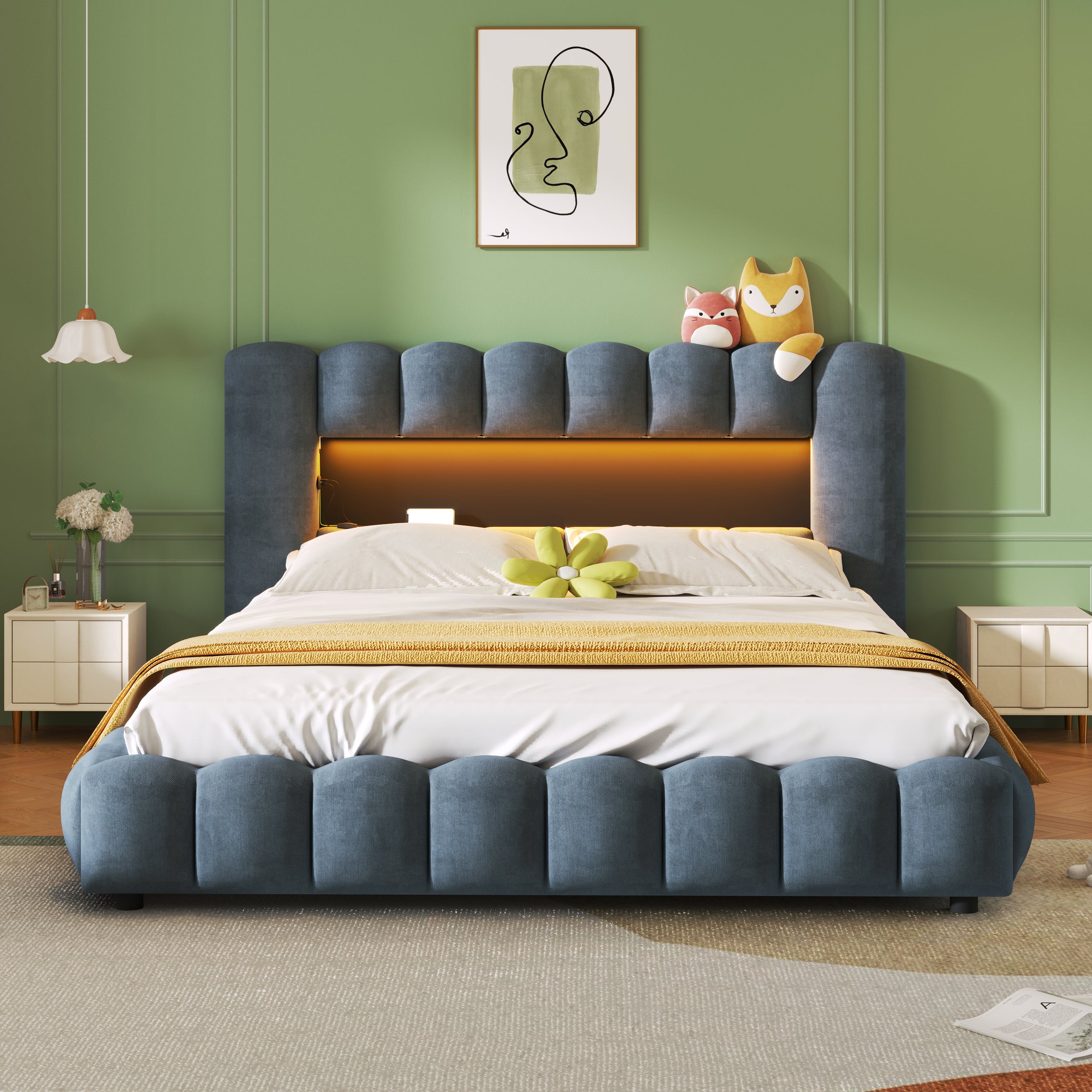 Queen Size Upholstered Platform Bed with LED Headboard and USB, Deep Blue - Atlantic Fine Furniture Melbourne FL