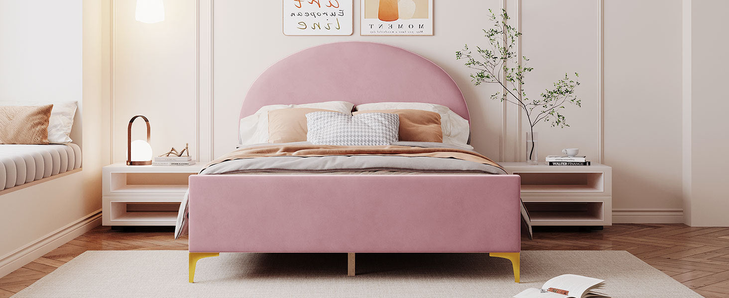 Full Size Upholstered Platform Bed with Classic Semi-circle Shaped headboard and Mental Legs, Velvet, Pink - Atlantic Fine Furniture Melbourne FL