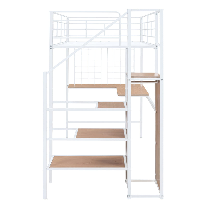 Twin Size Metal Loft Bed with Desk and Metal Grid, Stylish Metal Frame Bed with Lateral Storage Ladder and Wardrobe, White