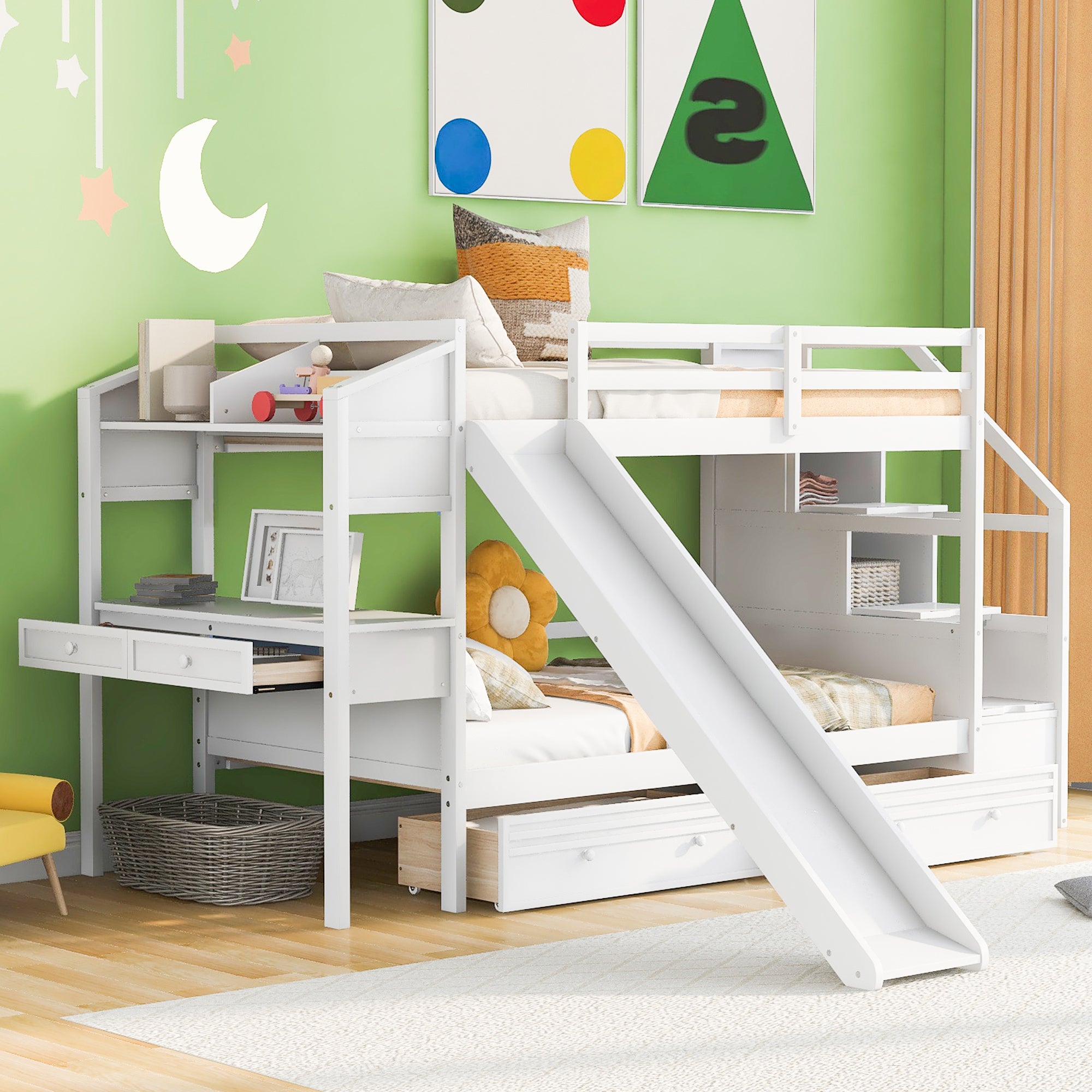 Twin over Twin Bunk Bed with Storage Staircase, Slide and Drawers, Desk with Drawers and Shelves, White - Atlantic Fine Furniture Melbourne FL