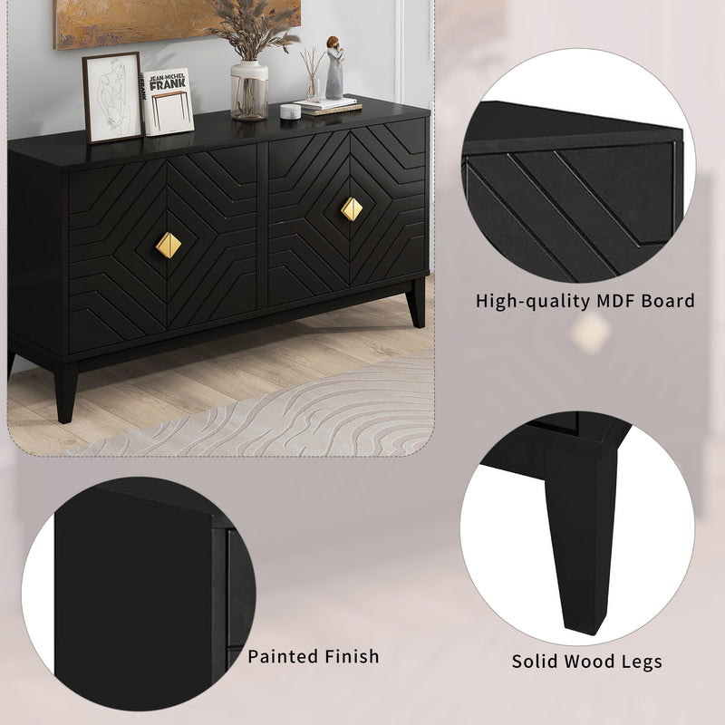 4 Door Sideboard Storage Cabinet For Living Room And Dining Room, 2 Large Cabinets With Gold Handles And Adjustable Shelf - Black
