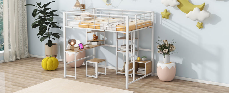 Full Size Loft Bed With Desk And Stool, With Open Style Wardrobe, Shelves And Cabinet - White