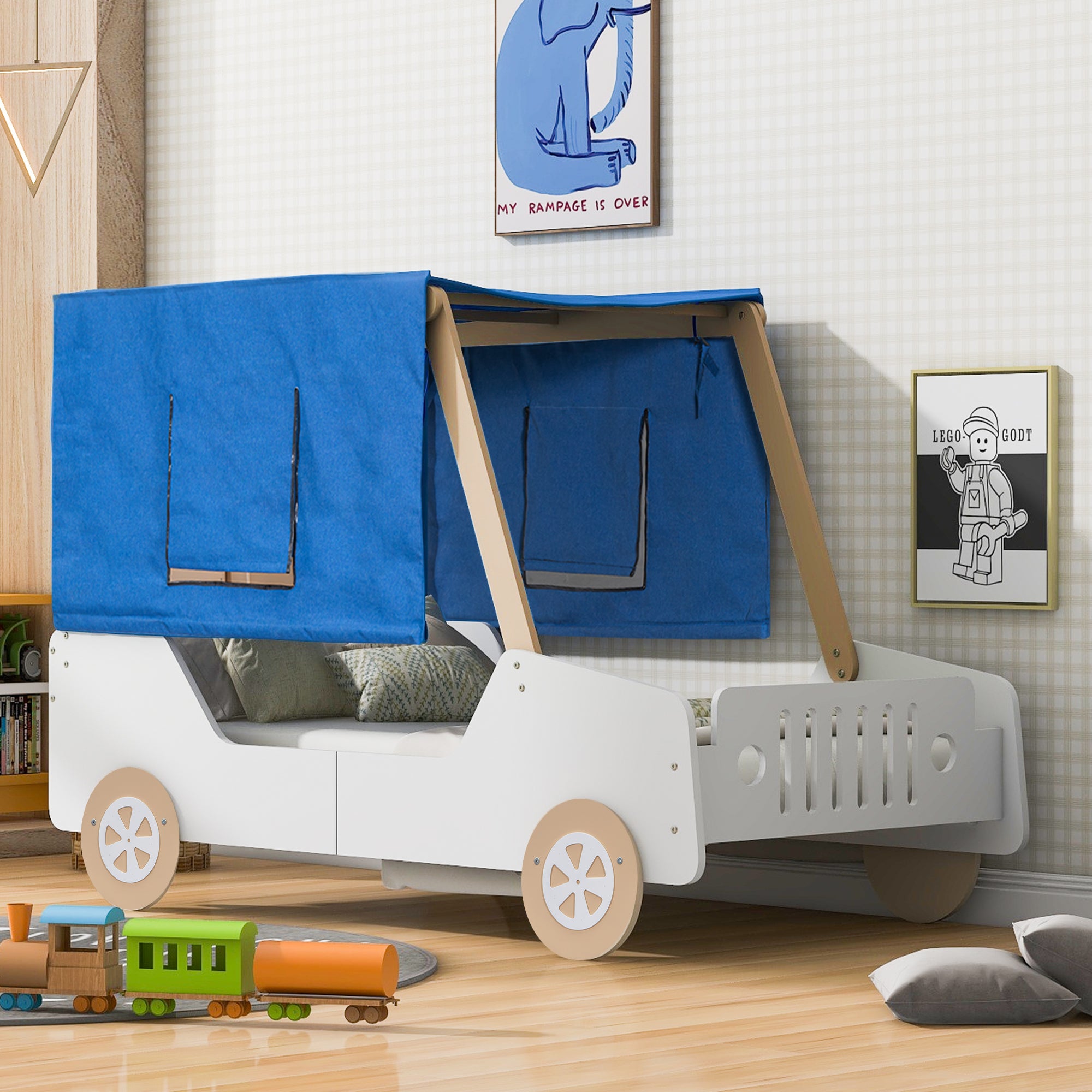 Twin Size Car Shaped Bed with Tents,White+Natural - Atlantic Fine Furniture Melbourne FL