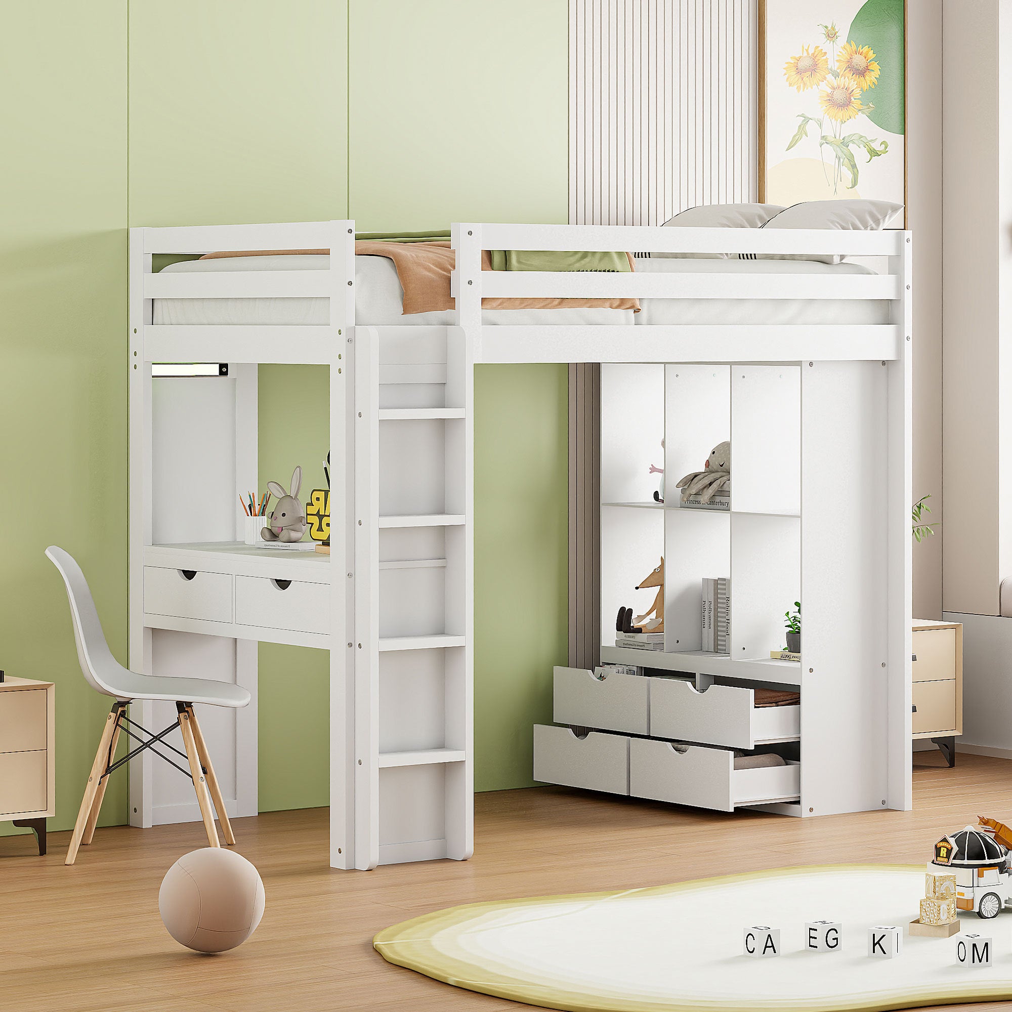 Twin Size Loft Bed with large shelves, writing desk and LED Light, White - Atlantic Fine Furniture Melbourne FL