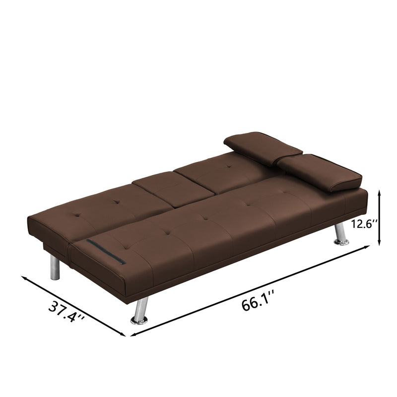 Futon Sofa Bed With Armrest Two Holders Wood Frame, Stainless Leg