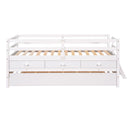 Low Loft Bed Twin Size with Full Safety Fence, Climbing ladder, Storage Drawers and Trundle White Solid Wood Bed