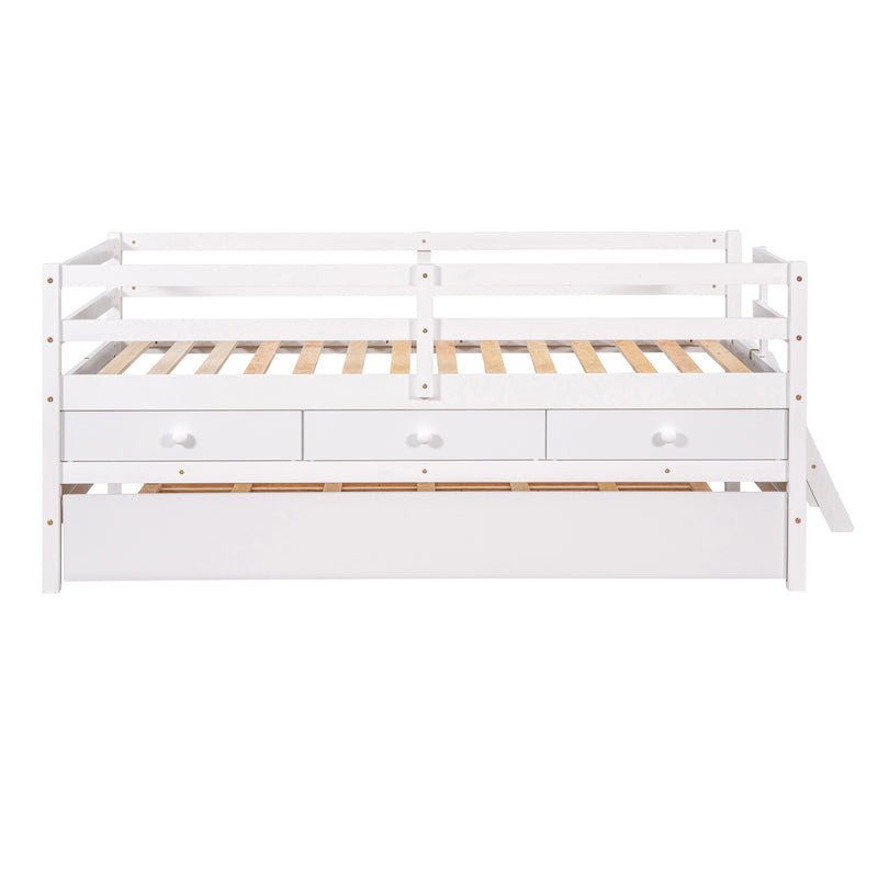 Low Loft Bed Twin Size with Full Safety Fence, Climbing ladder, Storage Drawers and Trundle White Solid Wood Bed