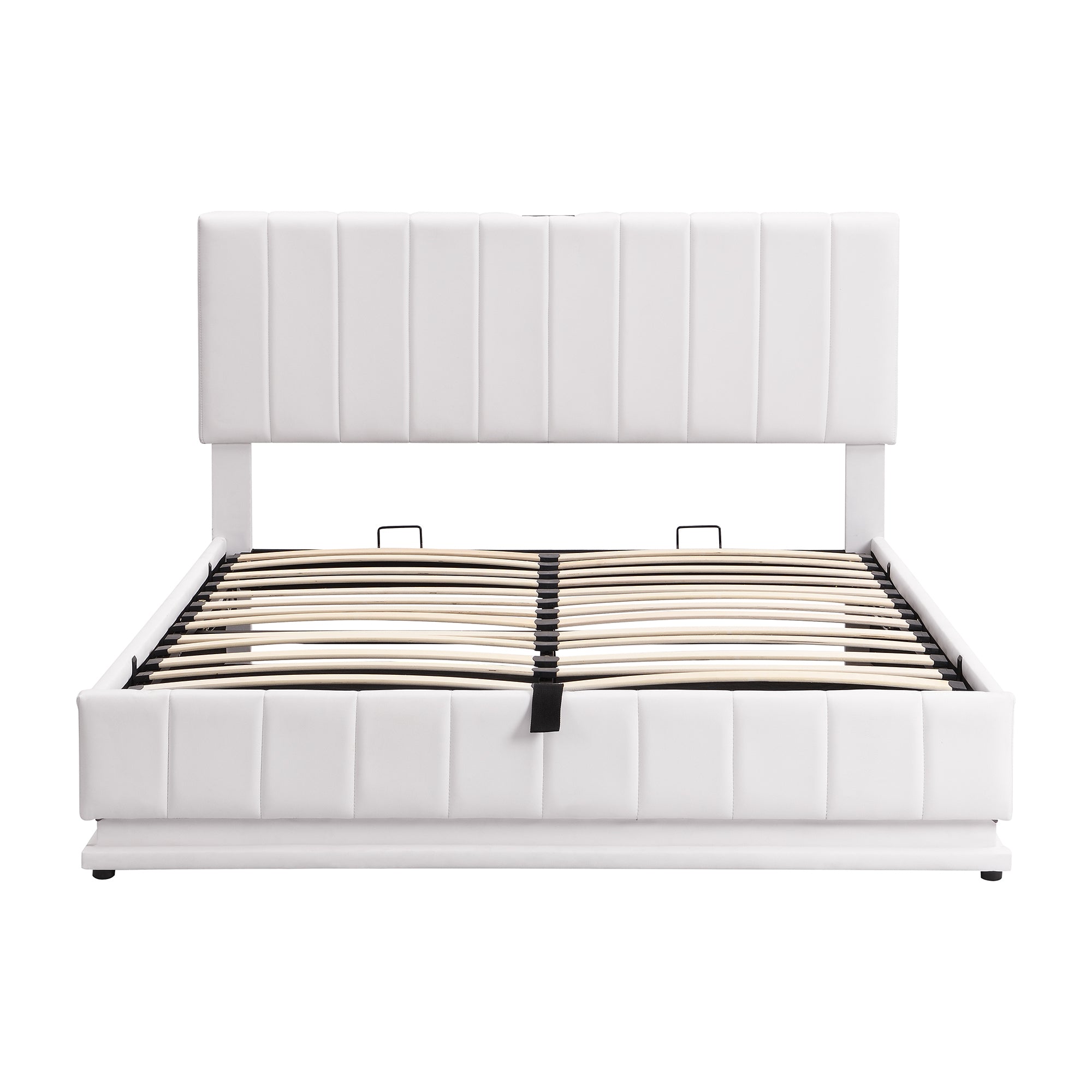 Queen Size Upholstered Bed with Hydraulic Storage System and LED Light, Modern Platform Bed with Sockets and USB Ports, White - Atlantic Fine Furniture Melbourne FL