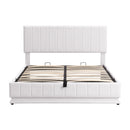 Queen Size Upholstered Bed with Hydraulic Storage System and LED Light, Modern Platform Bed with Sockets and USB Ports, White