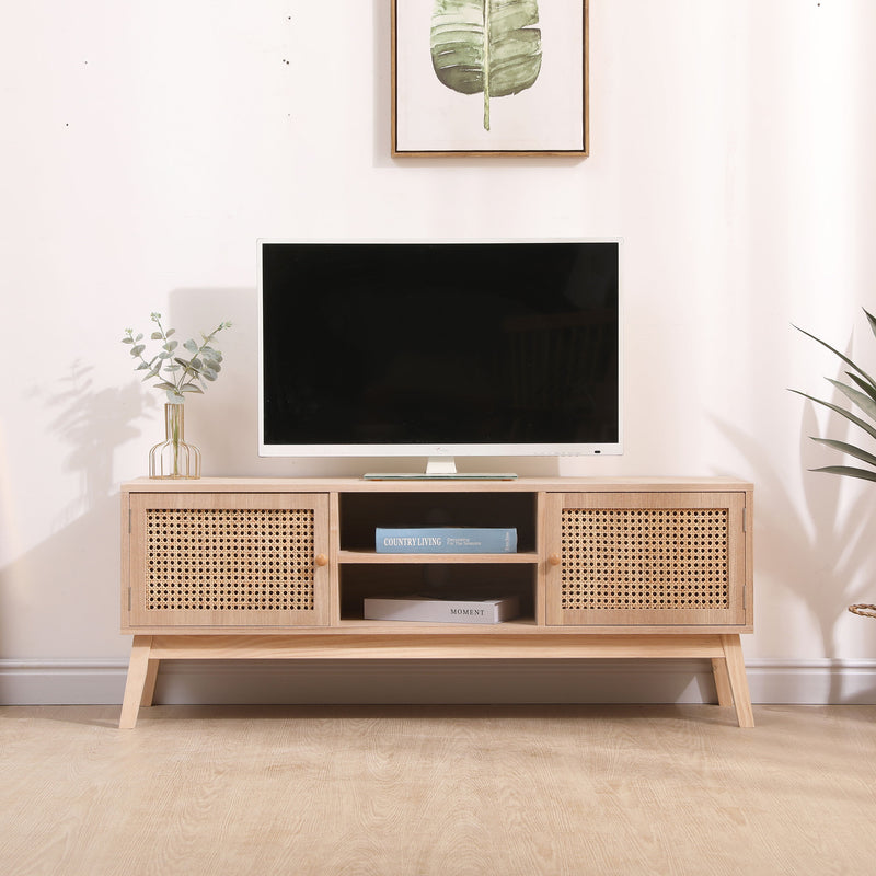 Superjare Boho TV Stand For 55" TV, Entertainment Center With Adjustable Shelf, Real Rattan TV Console With 2 Cabinets, Media Console, Solid Wood Feet, 2 Cord Holes, For Living Room - Natural