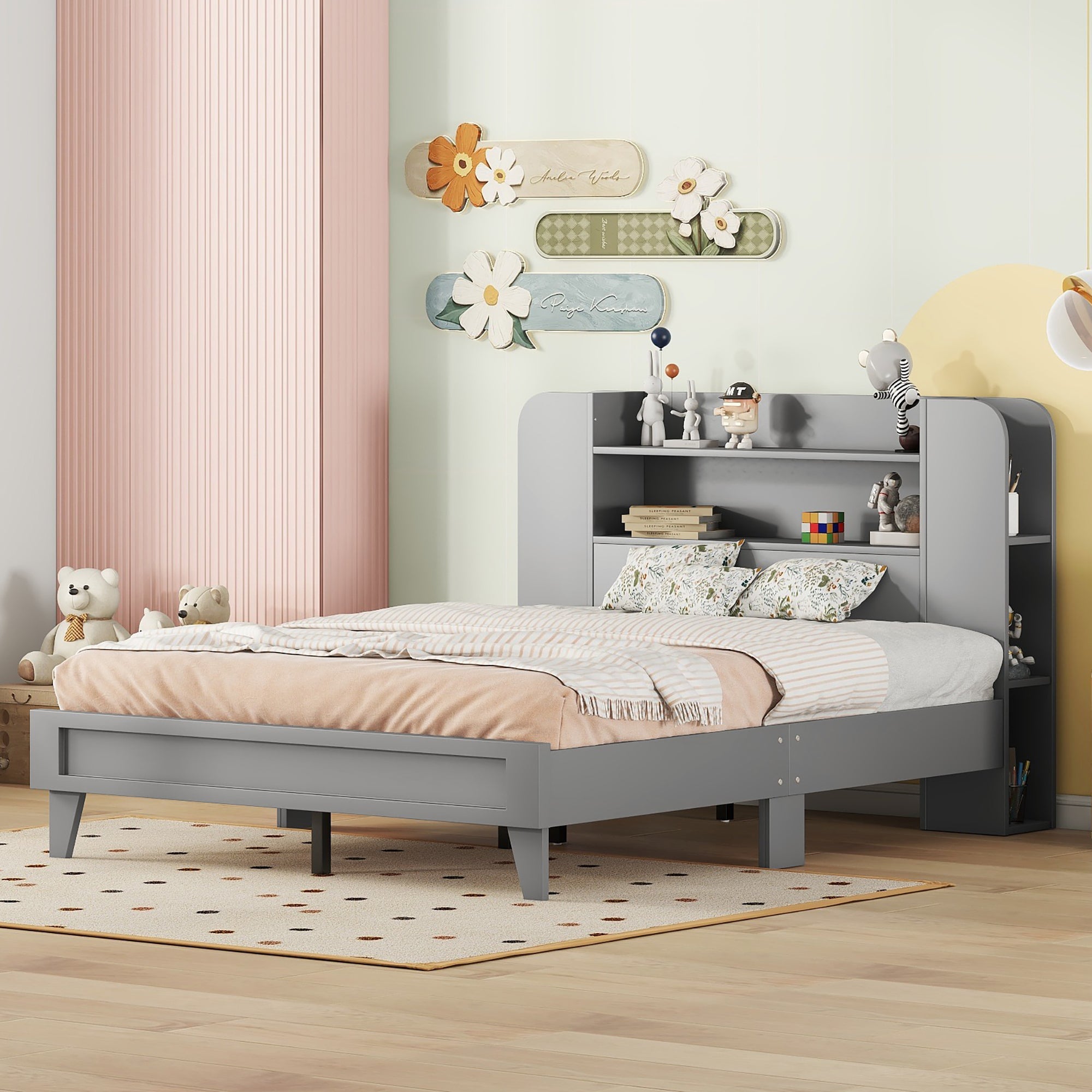 Full Size Platform Bed with Storage Headboard,Multiple Storage Shelves on Both Sides,Grey - Atlantic Fine Furniture Melbourne FL