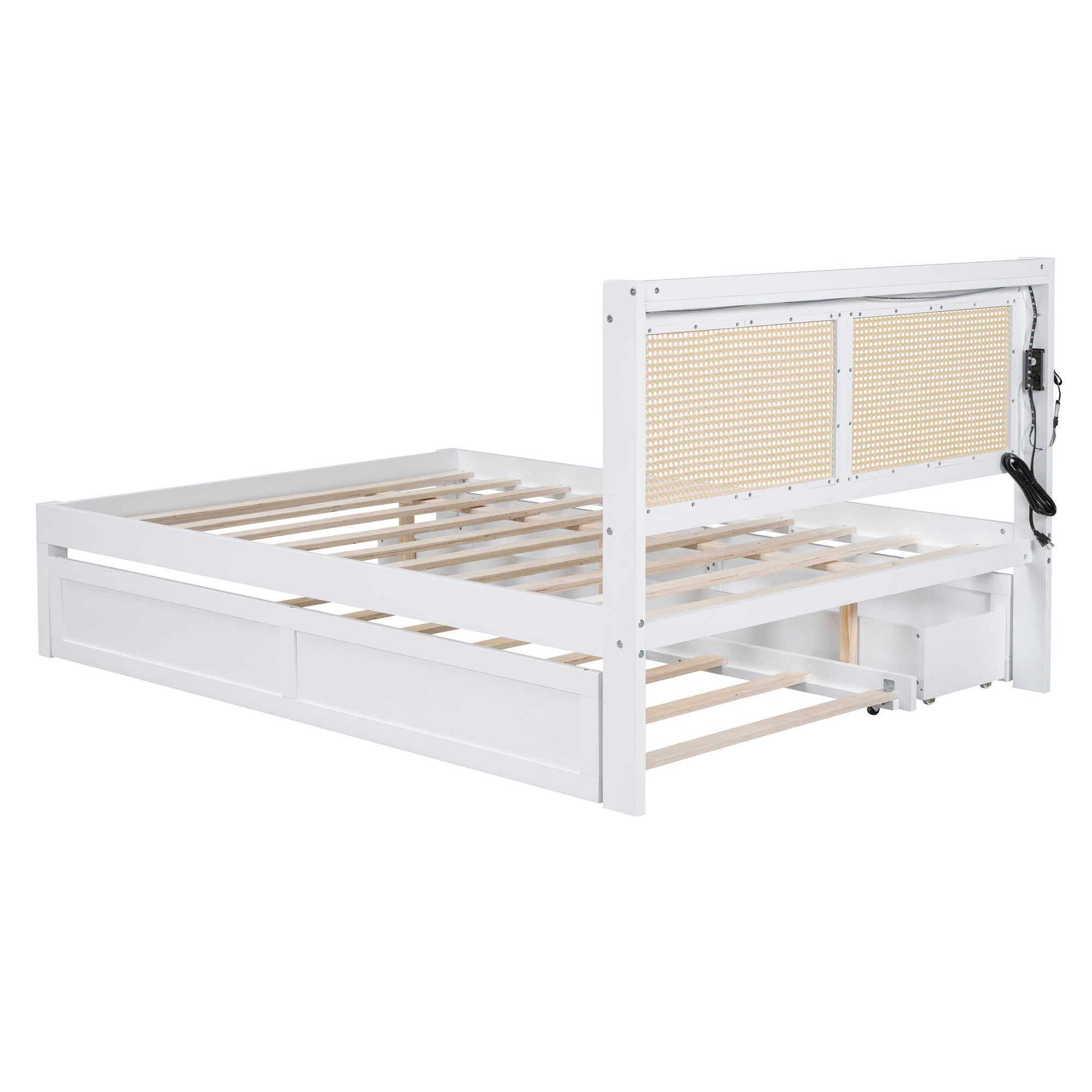 Full Size Elegant Bed Frame with Rattan Headboard and Sockets ,White - Atlantic Fine Furniture Melbourne FL