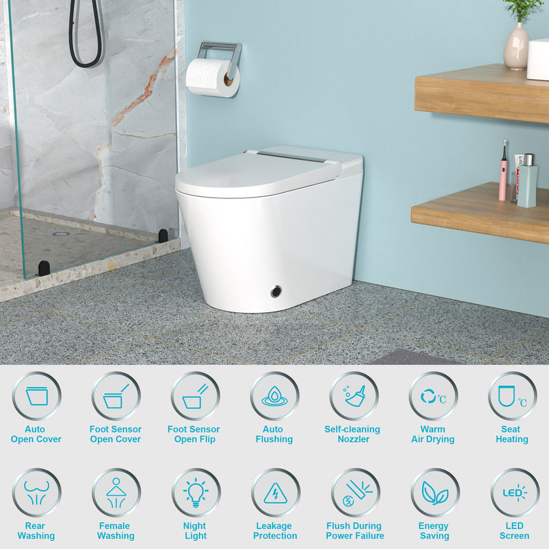 Smart Toilet With Bidet Built In, Auto Open & Close, Elongated Heated Seat, Foot Sensor Flush, LED Display, Warm Water Wash - White