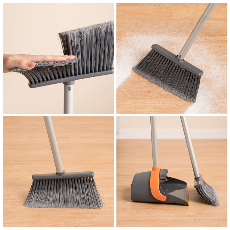 Efficient Home Cleaning Combo Broom And Dustpan Set With Long Handle Sturdy Design - Orange
