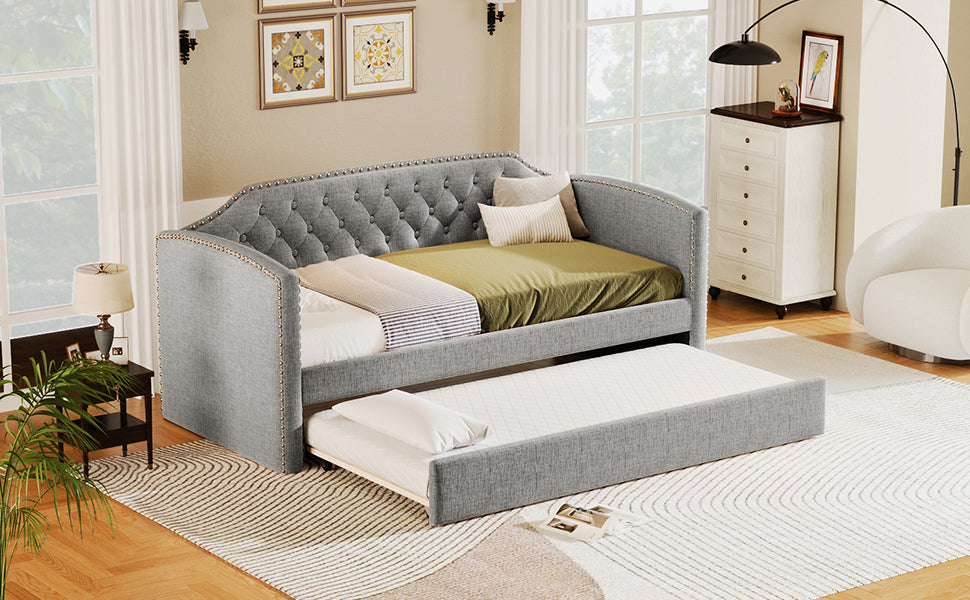 Twin Size Upholstered Daybed with Trundle for Guest Room, Small Bedroom, Study Room, Gray - Atlantic Fine Furniture Melbourne FL