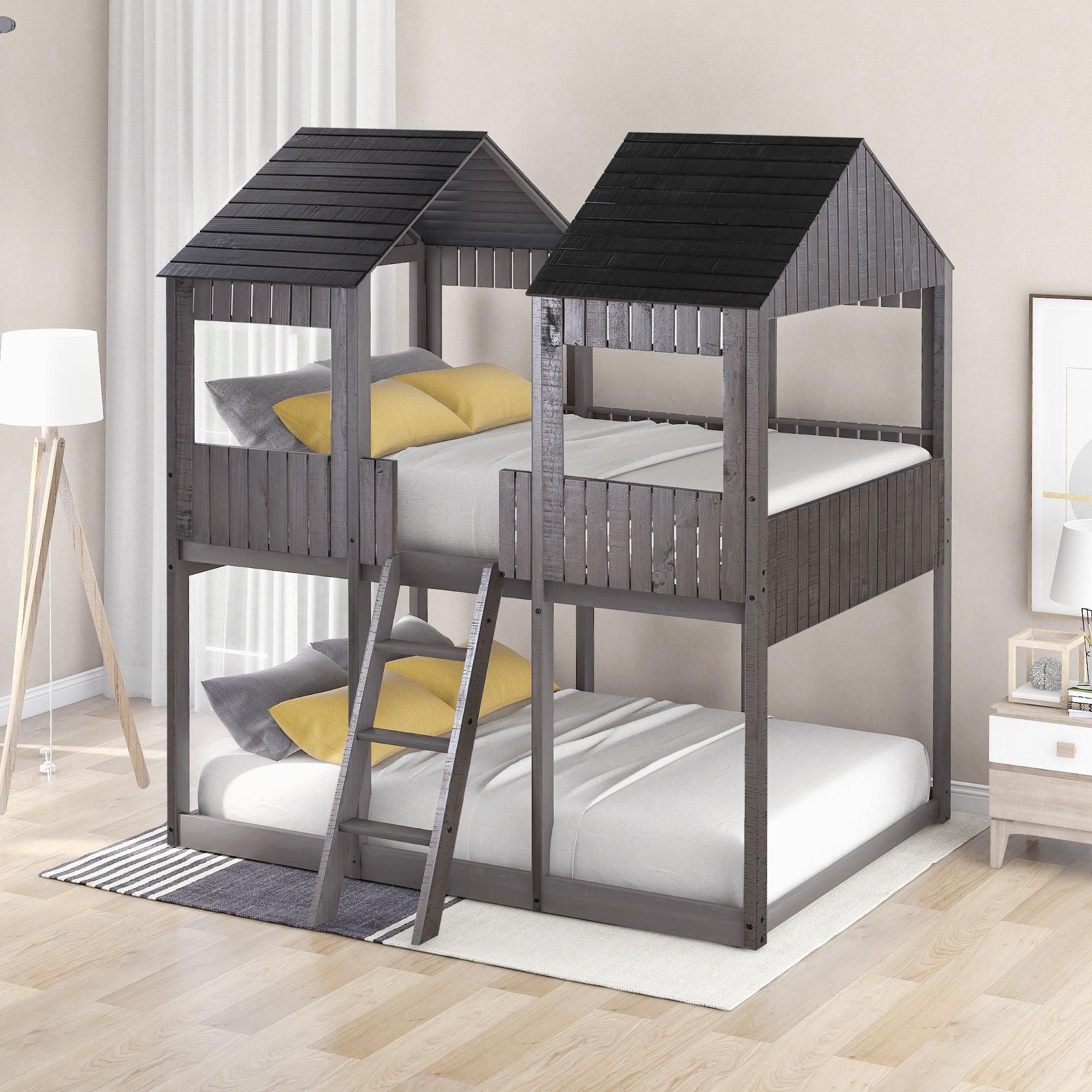 Full Over Full WoodBunk Bed with Roof, Window, Guardrail, Ladder(Antique Gray)( old sku: LT000031AAE ) - Atlantic Fine Furniture Melbourne FL