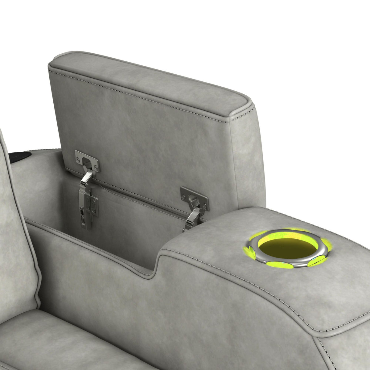 Prime Time P3 Sofa With Ddt, 3.0 Table, 7 Colors (Led And Cup Holders), Reading Light, Vibration, Speaker, And Heat Massage in Leather Gel Light Gray by Elements International, view 17