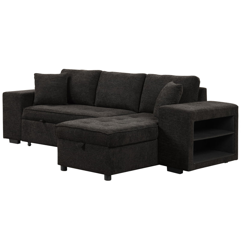 Modern L-Shape 3 Seat Reversible Sectional Couch, Pull Out Sleeper Sofa With Storage Chaise And 2 Stools For Living Room Furniture Set