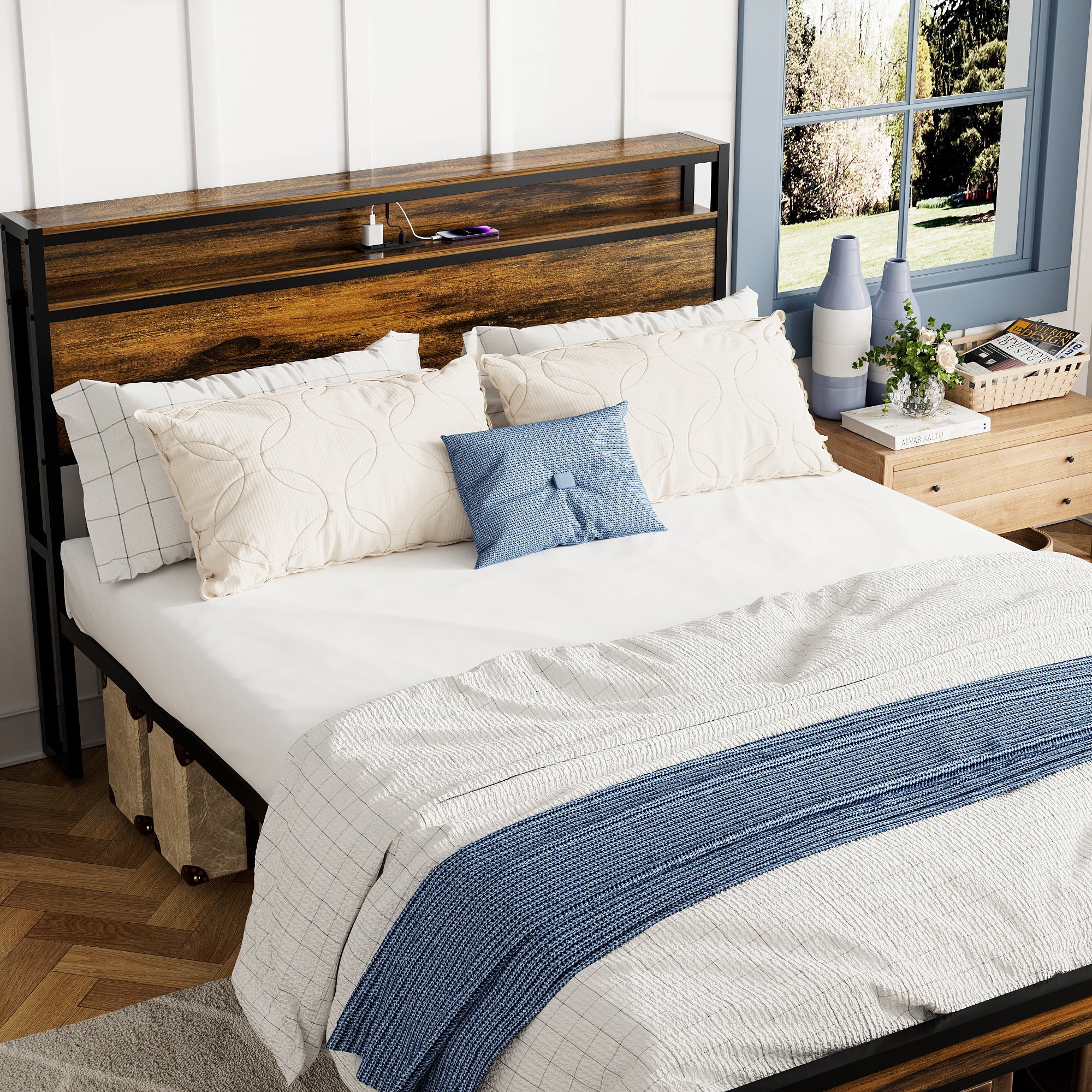 Queen Size Bed Frame, Storage Headboard with LED light, Charging Station, Solid and Stable, Noise Free, No Box Spring Needed, Easy Assembly, Vintage Brown - Atlantic Fine Furniture Melbourne FL