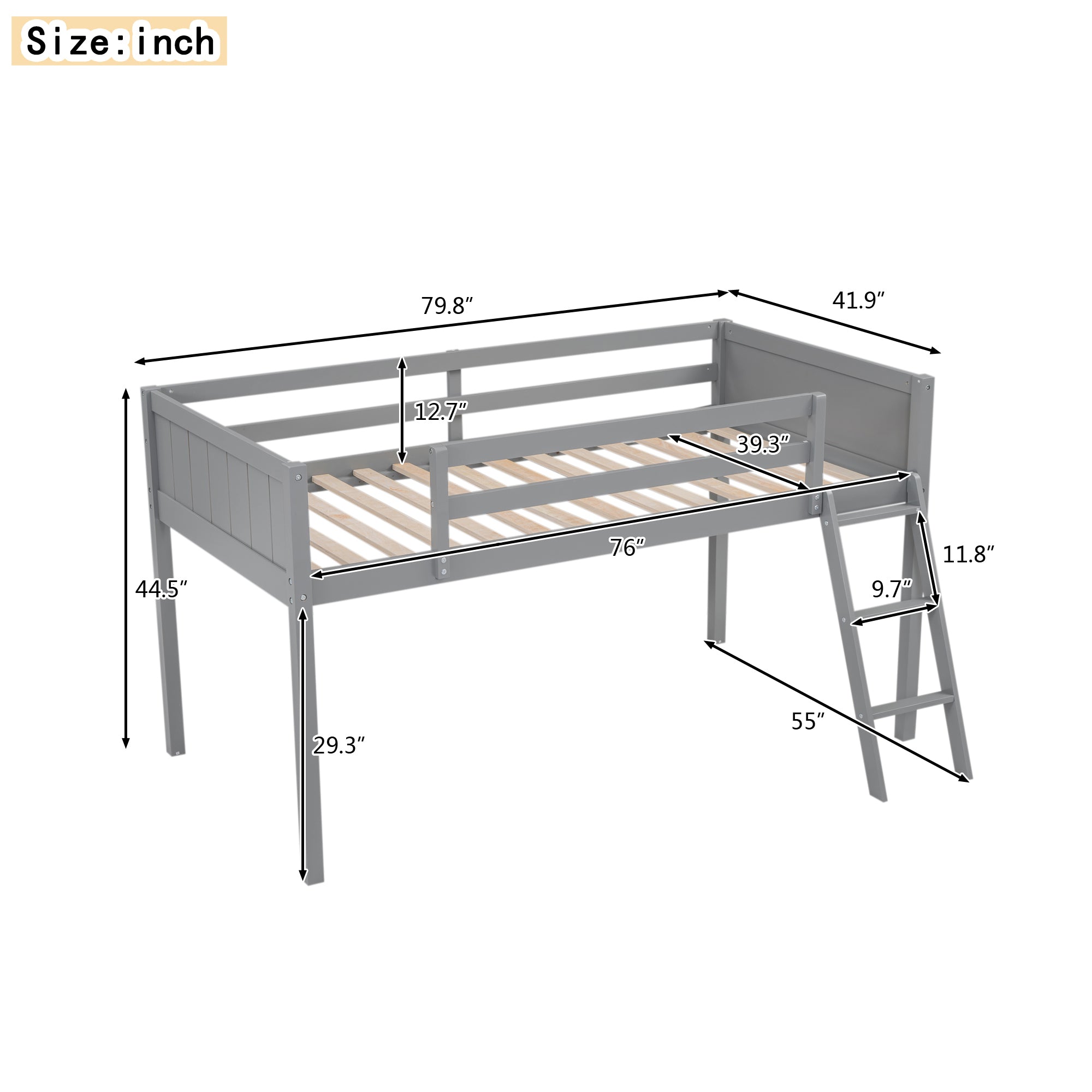 Twin Size Wood Loft Bed with Ladder, ladder can be placed on the left or right, Gray - Atlantic Fine Furniture Melbourne FL