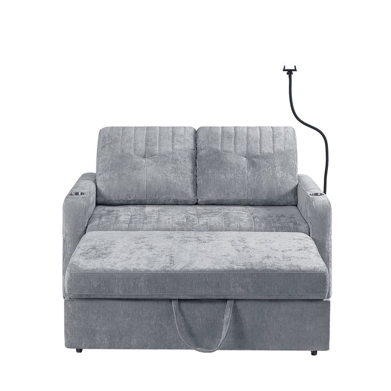 Modern Loveseat Pull Out Sofa Bed With Adjustable Backrest, Two Cup Holders, A Phone Holder, Three Charging Ports And Side Storage Pockets For Living Room