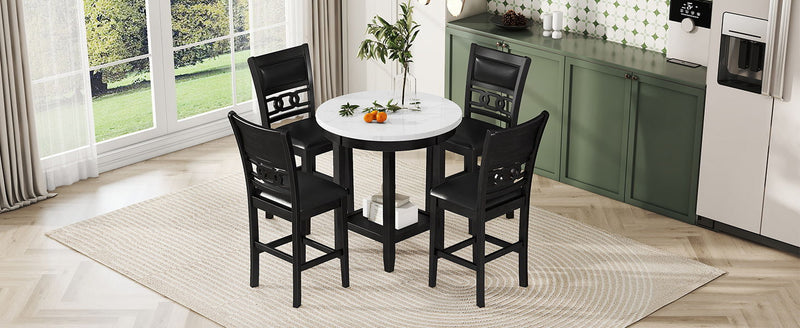 5 Piece Counter Height Dining Round Table Set With One Faux Marble Top Dining Table And Four Pu-Leather Chairs - Dark Espresso