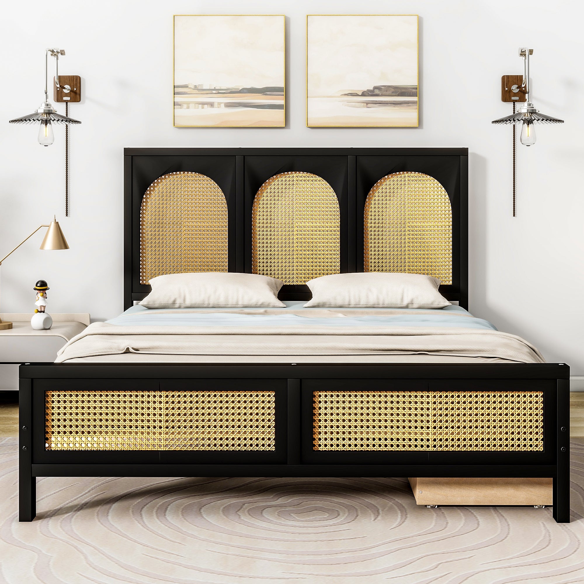 Full Size Wood Storage Platform Bed with 2 Drawers, Rattan Headboard and Footboard, Black - Atlantic Fine Furniture Melbourne FL