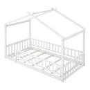 Twin Size Wood Bed House Bed Frame with Fence, for Kids, Teens, Girls, Boys,White
