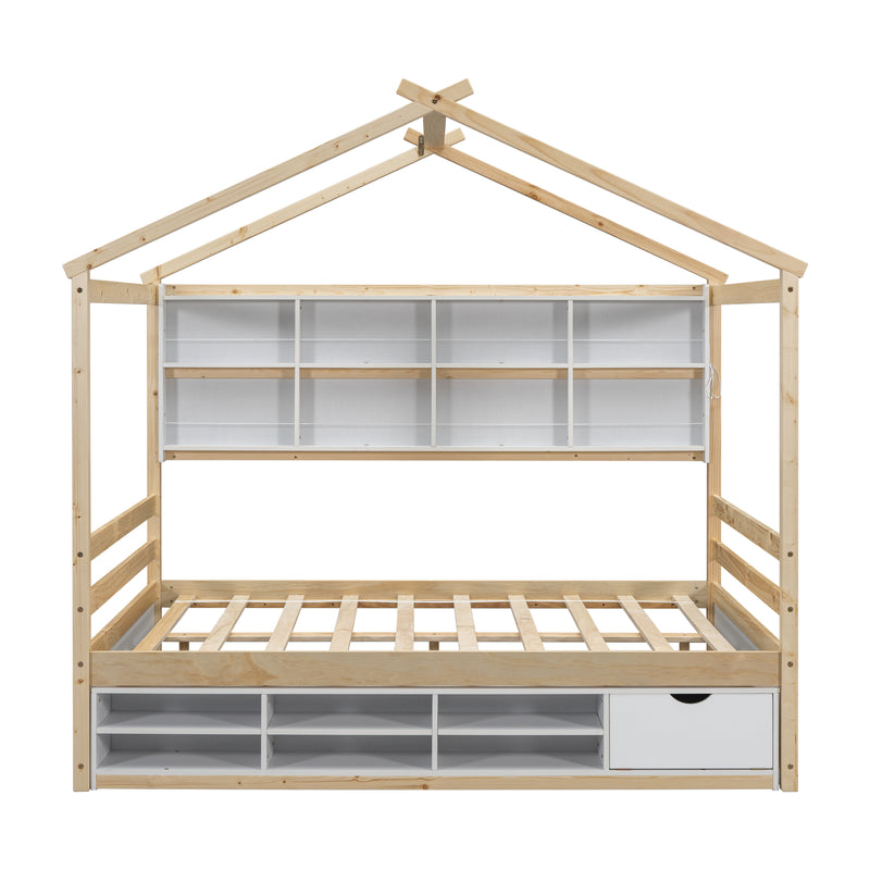 Full House Bed with Roof Frame, Bedside-shelves, Under Bed Storage Unit,Natural