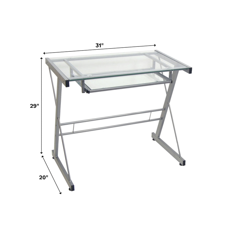 Modern Metal And Glass Computer Desk With Keyboard Tray - Silver