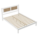 Queen Size Wood Platform Bed with Natural Rattan Headboard,Exquisite Elegance with Minimalist Charm for Bedroom,White