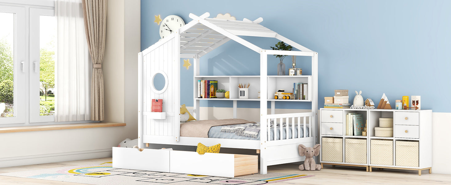 Wooden Twin Size House Bed with 2 Drawers,Kids Bed with Storage Shelf, White - Atlantic Fine Furniture Melbourne FL