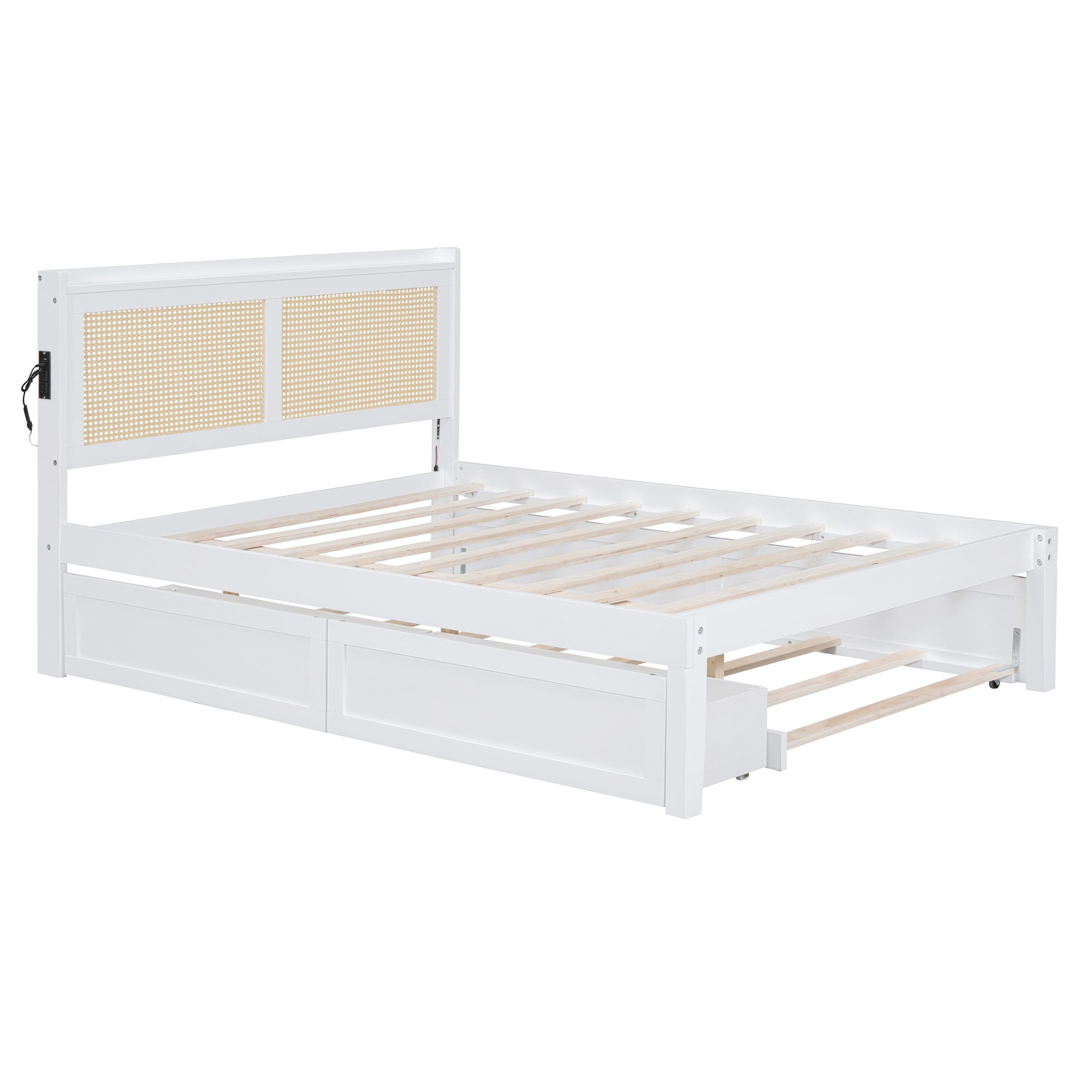 Full Size Elegant Bed Frame with Rattan Headboard and Sockets ,White - Atlantic Fine Furniture Melbourne FL