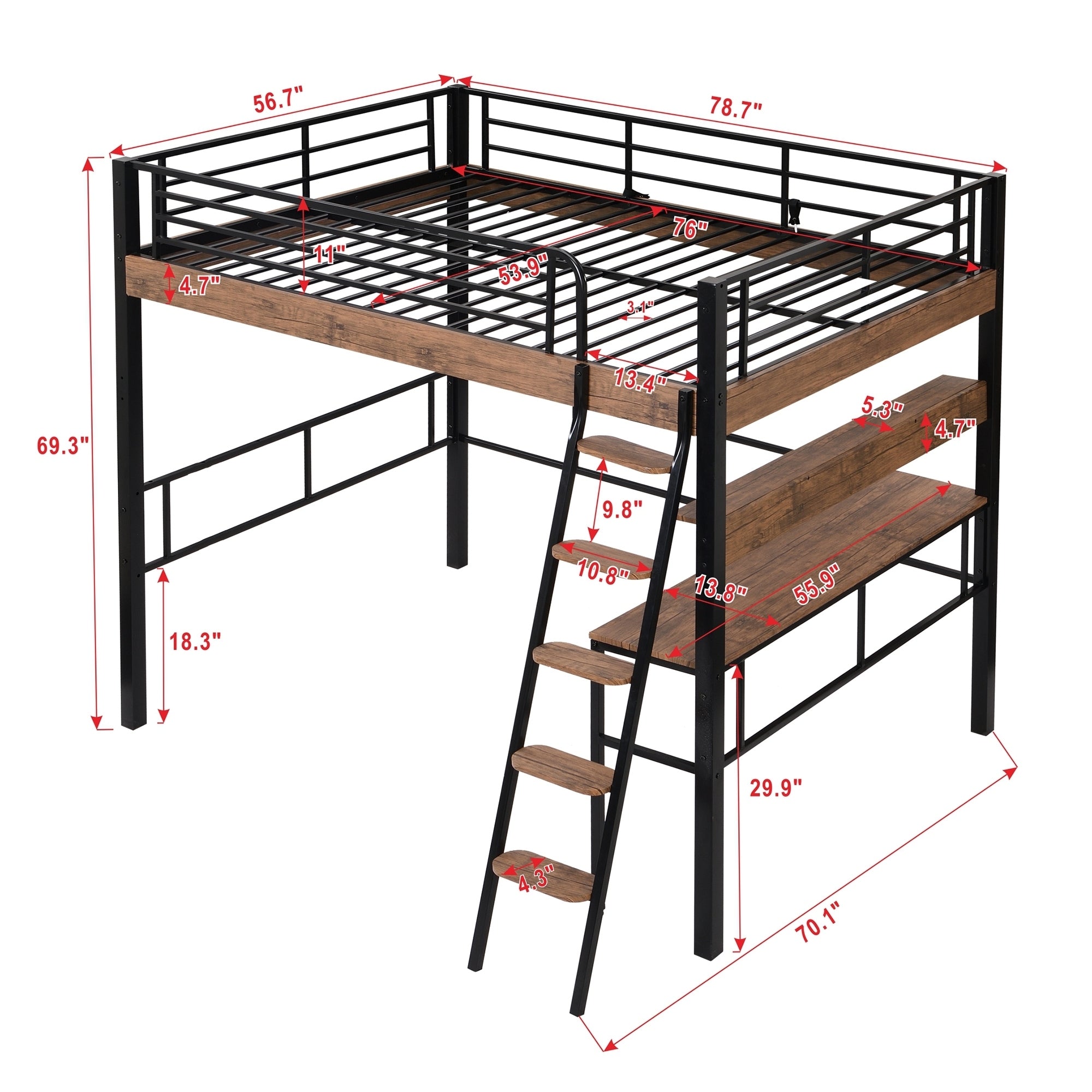 Metal Full Size Loft Bed with Built-in Desk, Storage Shelf and Ladder, Black