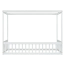 Twin Size Canopy Frame Floor Bed with Fence, Guardrails,White