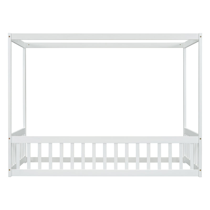 Twin Size Canopy Frame Floor Bed with Fence, Guardrails,White