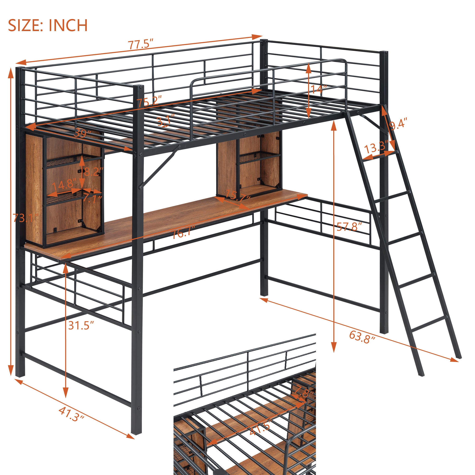 Twin Size Loft Bed with Desk and Shelf , Loft Bed with Ladder,Twin,Black - Atlantic Fine Furniture Melbourne FL