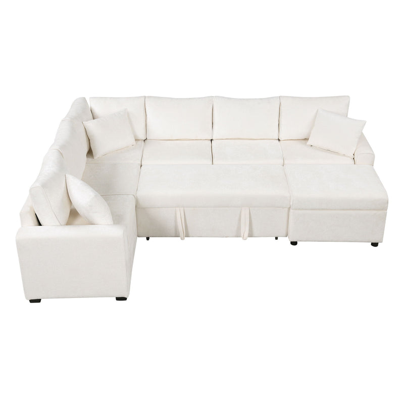 Sectional Sofa Pull-Out Sofa Bed Sleeper With A Storage Ottoman, Three Pillows And Charging Devices For Living Room