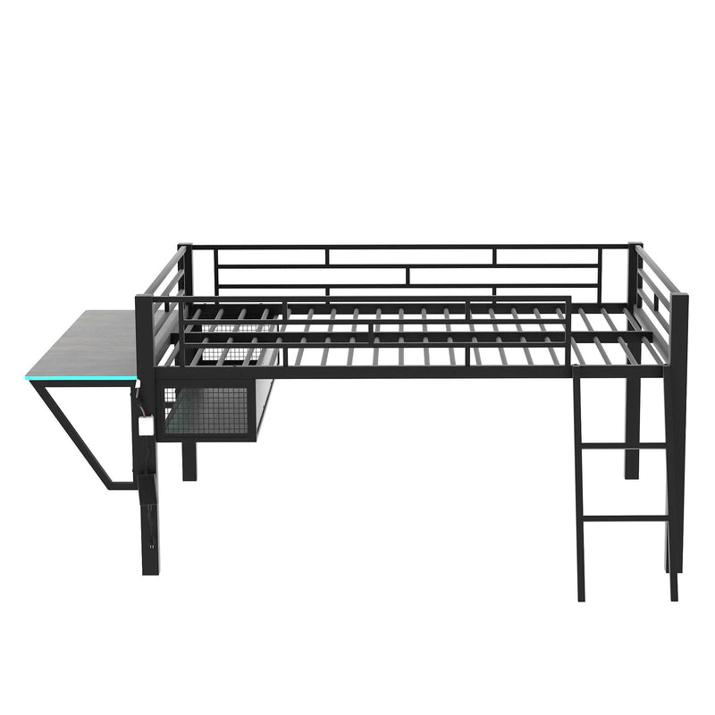 Modern Gaming Mid Loft Bed With Desk And LED Lights