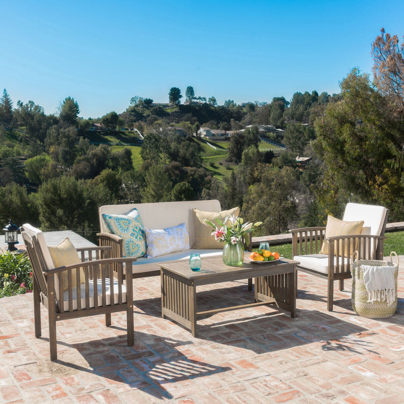 4 Piece Outdoor Chat Set With Water Resistant Cushion And Wood Frame - Cream / Gray