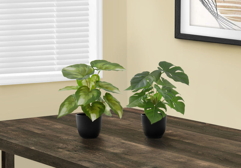 13" Tall, Artificial Plant, Monstera Calthea, Indoor, Faux, Fake, Table, Greenery, Potted, Decorative (Set of 2) - Green / Black