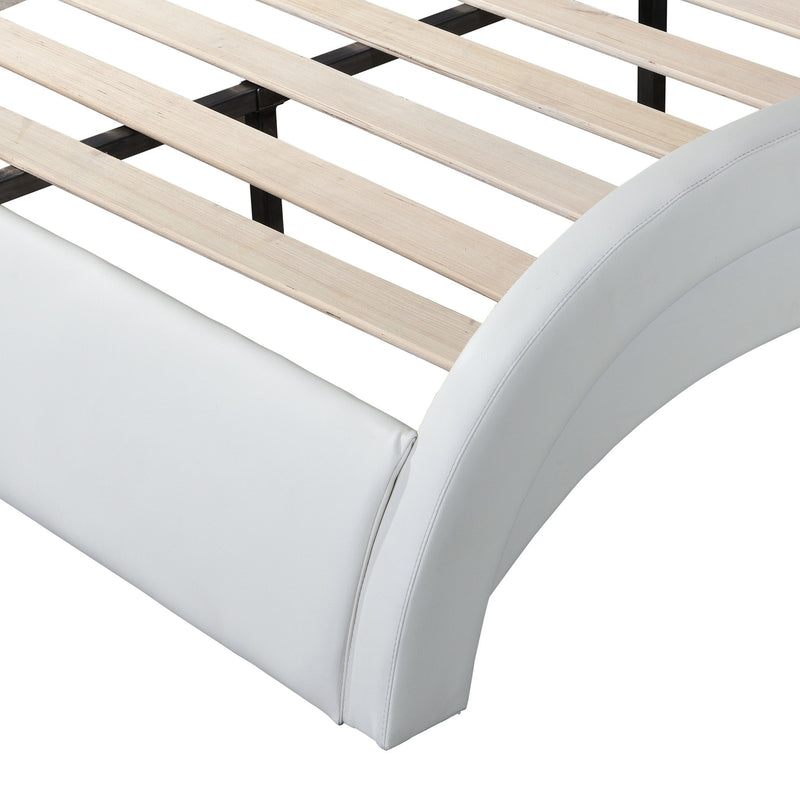Upholstered Platform Bed Frame With LED Lighting, Bluetooth Connection To Play Music Control, Backrest Vibration Massage, Curve Design, Wood Slat Support, Exhibited Speakers