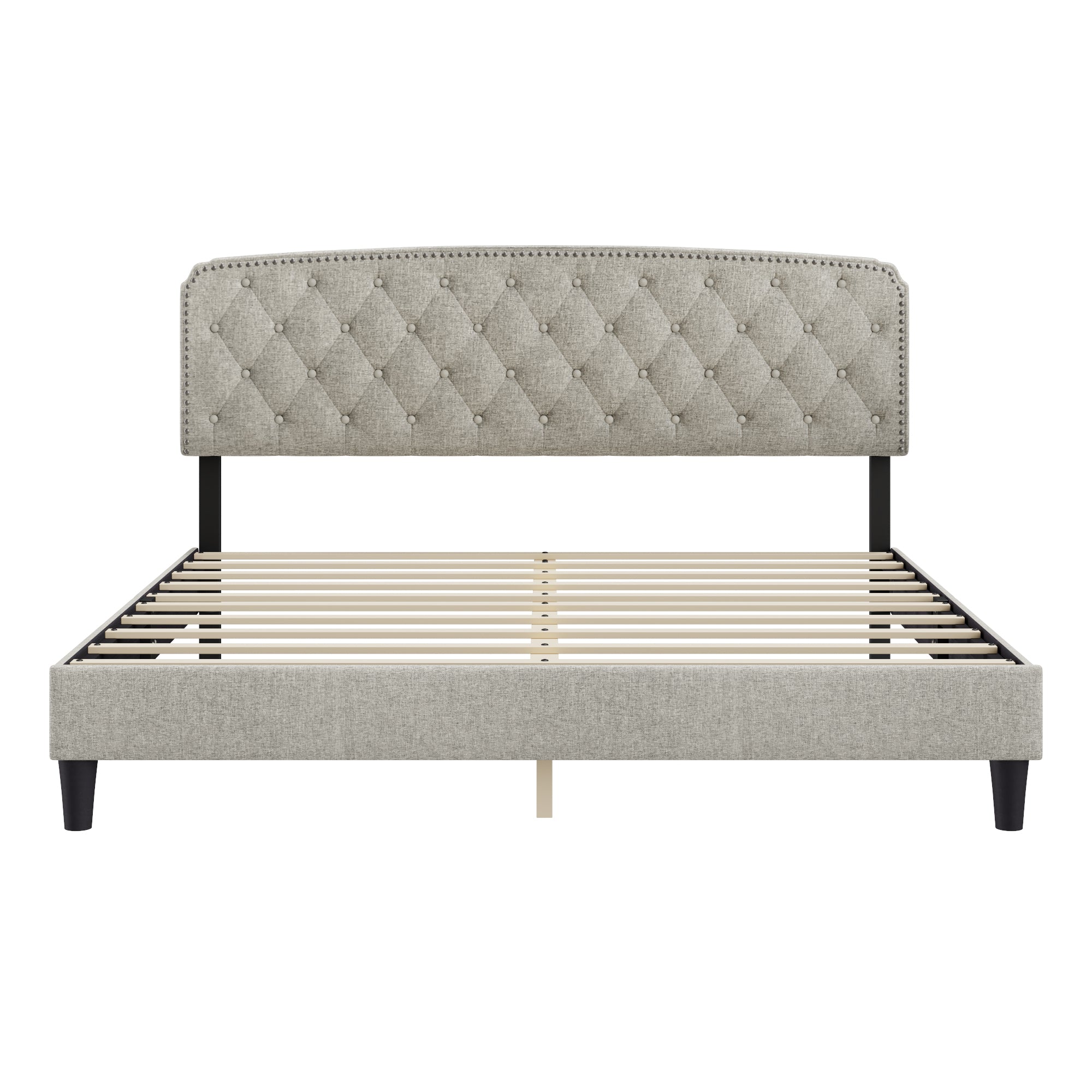 King size Adjustable Headboard with Fine Linen Upholstery and Button Tufting for Bedroom,  Wave Top  cream White